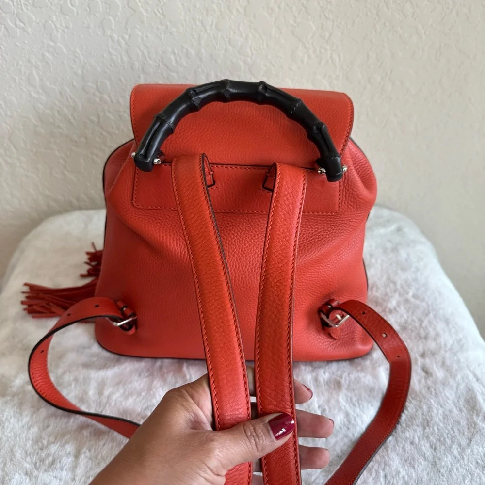 Gucci Vibrant Orange Leather Bamboo Backpack. P0221